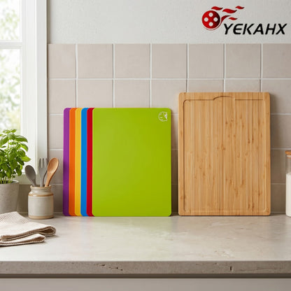 Bamboo Cutting Board Set with Six Color-Coded Flexible Prep Mats and One-Piece or Seven-Piece Options