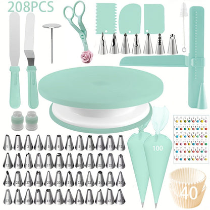 Cake Decorating Supplies Kit 208pcs, Stainless Steel Piping Nozzles Set with Cake Turntable Piping Bags Muffin Cups Chocolate Molds, Complete Baking Tools for Cupcakes Pastry Cookies Beginners