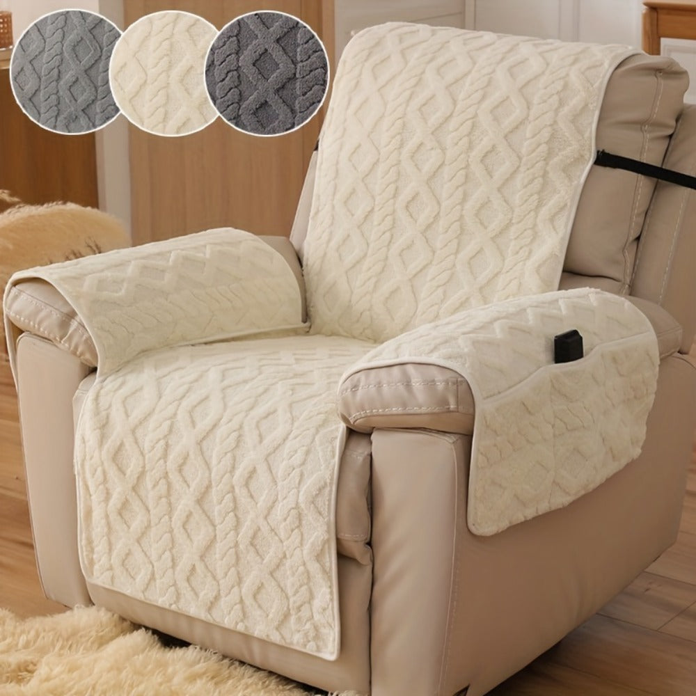 Quilted Recliner Chair Cover with Armrest Panels, Side Pocket and Elastic Straps in Three Neutral Colors