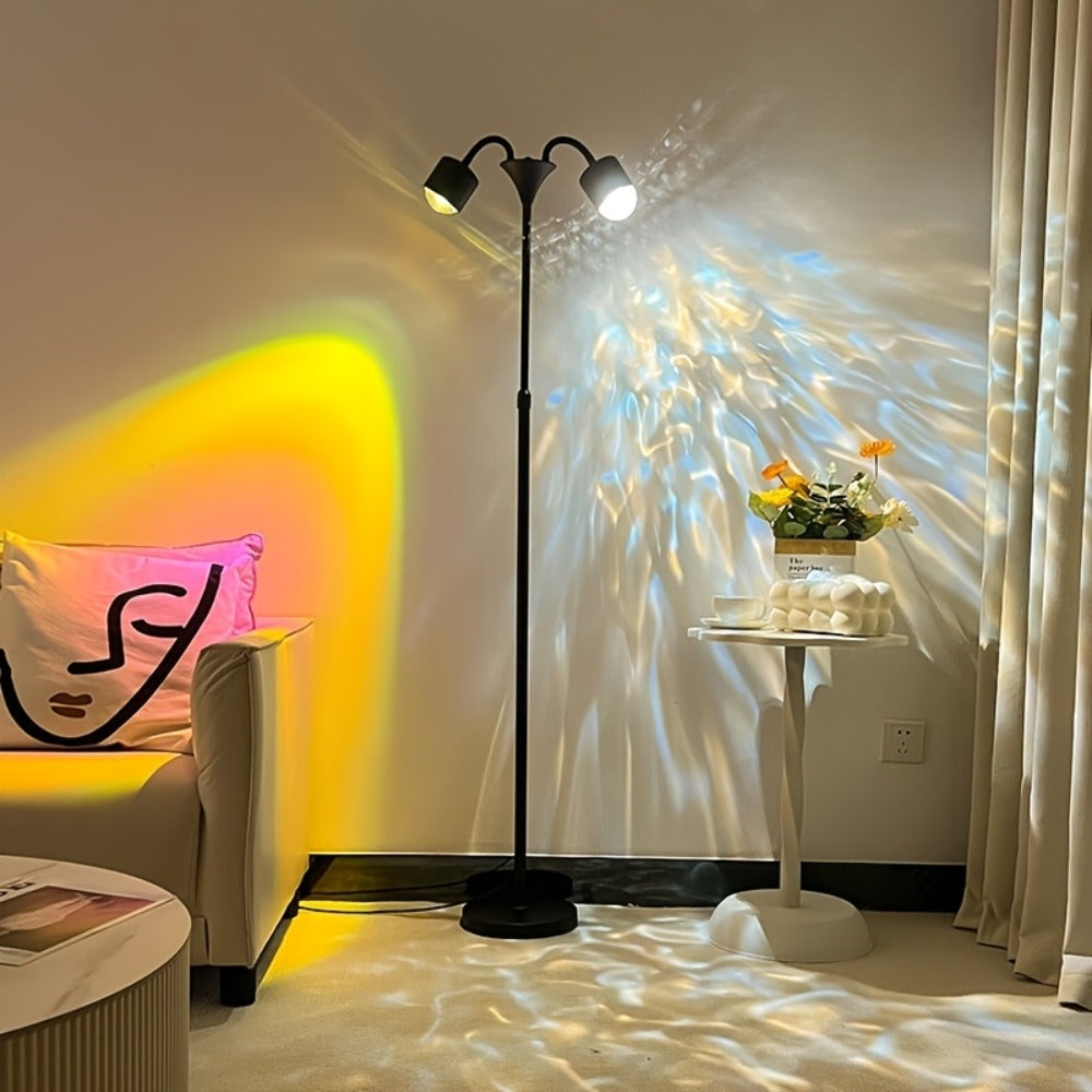 Black Dual-Head Floor Projector Lamp with Two Adjustable Spot Heads, Remote and Color Discs