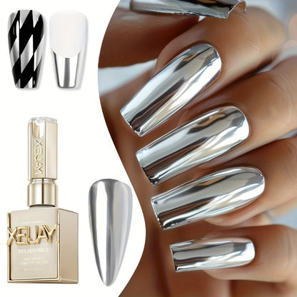 Mirror Metallic Silver Nail Art Gel in XEIJAYI Electroplating-Style Bottle with Cap-Mounted Detail Brush