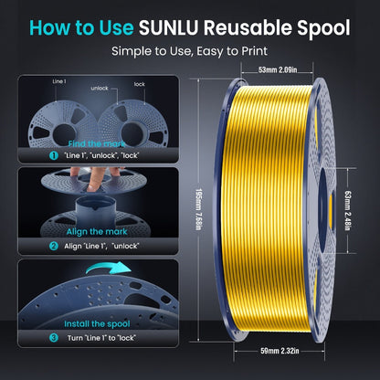 3D Printer Filament SUNLU Silk PLA+ 1.75mm 1kg Reusable Spool in Blue, Bronze, Yellow, Purple or Brass