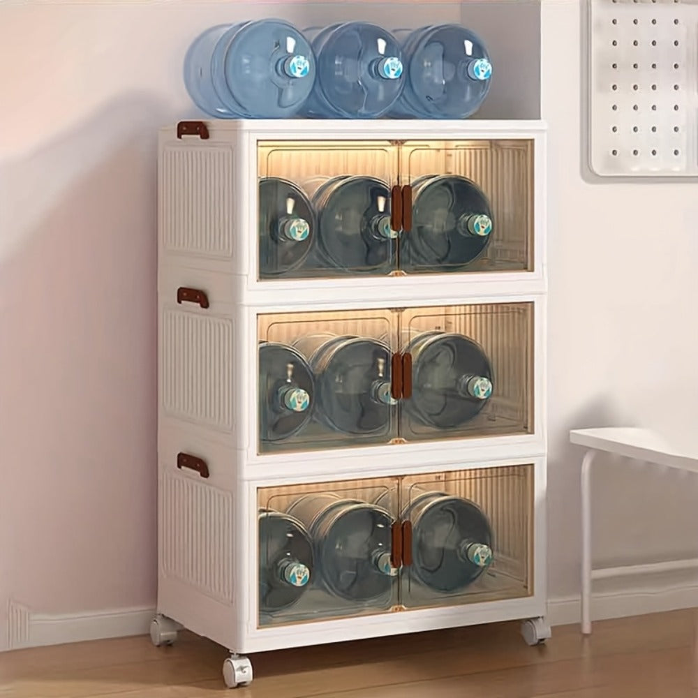 Stackable Storage Cabinet with Doors and Wheels | Collapsible Plastic Locker 1-5 Layers Large Capacity Home Organization for Bedroom Living Room Kitchen Easy Assembly Space Saving