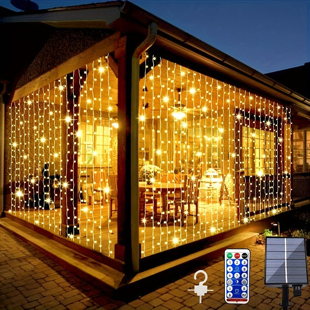 Solar Curtain String Lights, 3 x 3 Meters with 300 LEDs, Remote Control and One- or Two-Pack Options