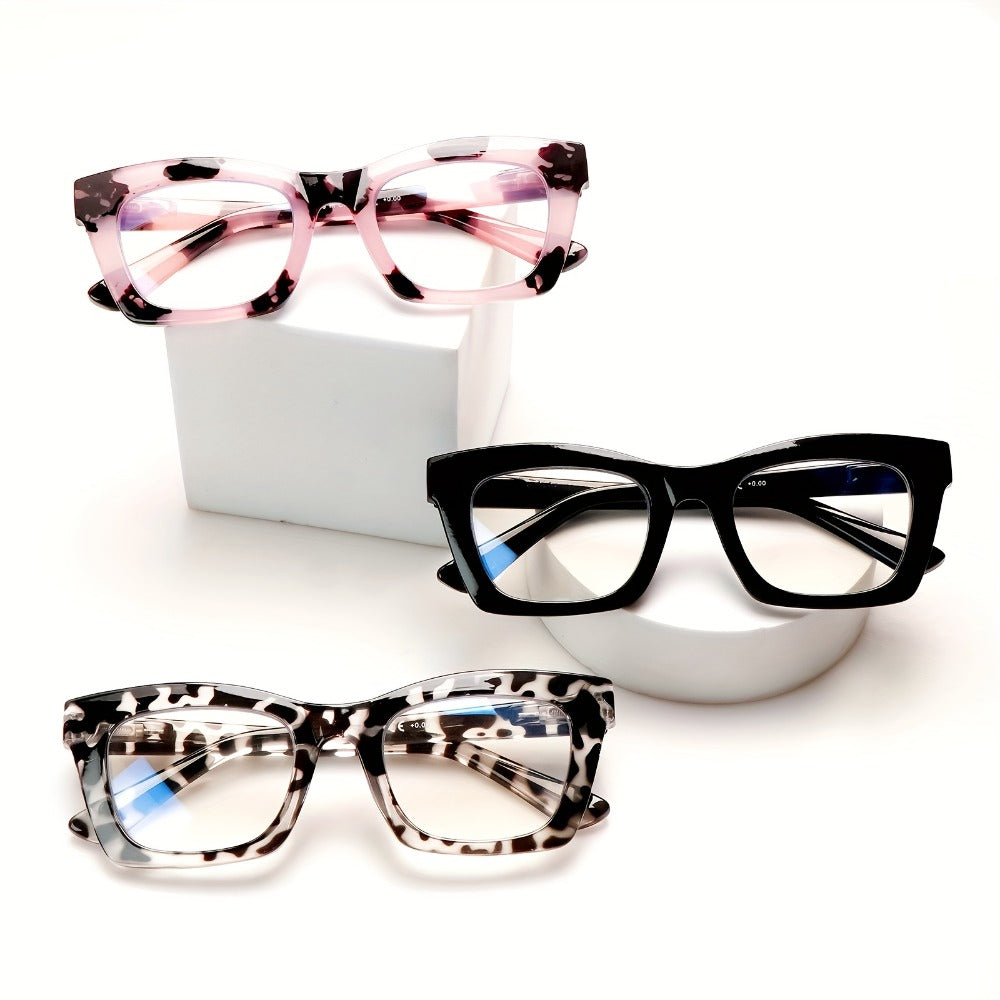 Blue Light Blocking Reading Glasses 3 Pack - Anti Blue Light Computer Readers for Women and Men, Square Spring Hinge Frames with Eyeglass Cloths and Bags, Multiple Magnifications