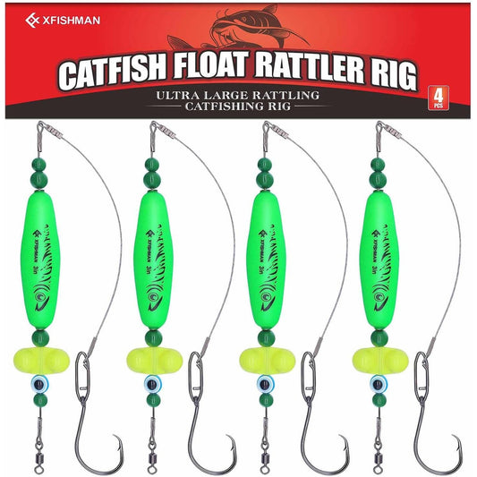 Catfish Rig Santee Cooper Float with Rattler 4pcs Set, Catfishing Tackle Rattle Float Rig for Bank Fishing, High-Quality Circle Hooks Sound Wave Lure for Freshwater Catfish, 2.5 Inch Green