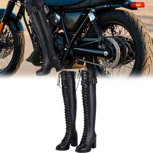 Women's Over-the-Knee Biker Boots, Faux Leather Thigh High Lace-Up Knee High Boots with Chunky Heel & Buckle, Sexy Round Toe Riding Boots in Black, US Sizes 6–10