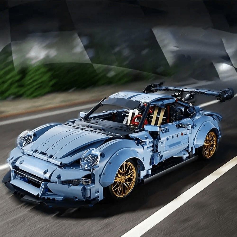 Misty Blue Lowrider Sports Car Building Block Model with 2,100 Pieces, Two Checkout Sets and Display Stand