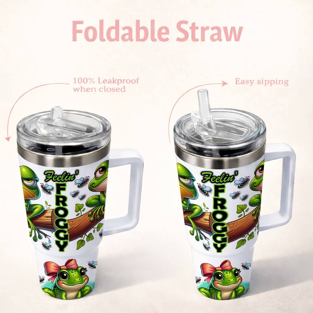 Frog Print Water Bottle Tumbler with Handle, Clear Foldable Straw and 16oz or 40oz Capacity Options