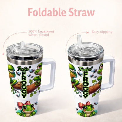 Frog Print Water Bottle Tumbler with Handle, Clear Foldable Straw and 16oz or 40oz Capacity Options