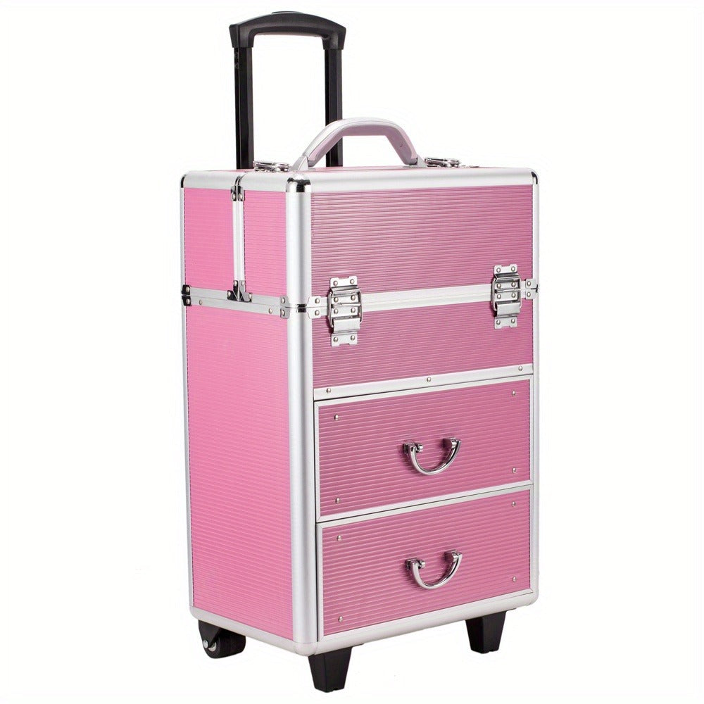 Pink Four-Tier Rolling Makeup Train Case with Fold-Out Top Trays, Two Drawers and Telescoping Handle