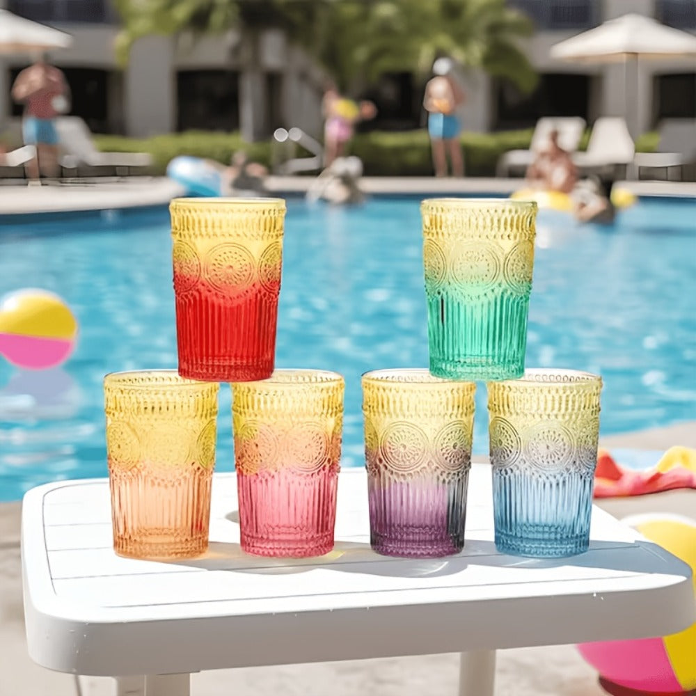 Vintage Embossed Drinking Glasses, Six-Piece 14-Ounce Tumbler Set in Six Gradient Colors for Table Settings