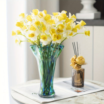 Teal Green Art Glass Flower Vase with Wide Petal-Shaped Mouth, 26 cm Height and Thick Round Base