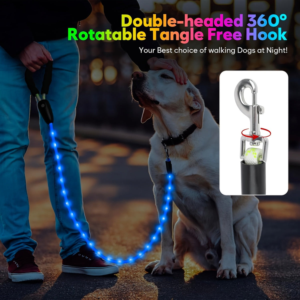 Four-Foot LED Dog Leash in White with Rechargeable Light Strip and Seven Pictured Lighting Modes