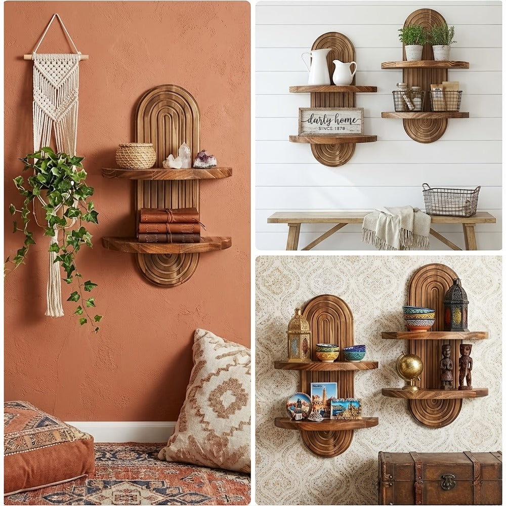 Two-Tier Bohemian Rainbow Arch Floating Wall Shelf in Log Color with Solid-Wood Display Platforms