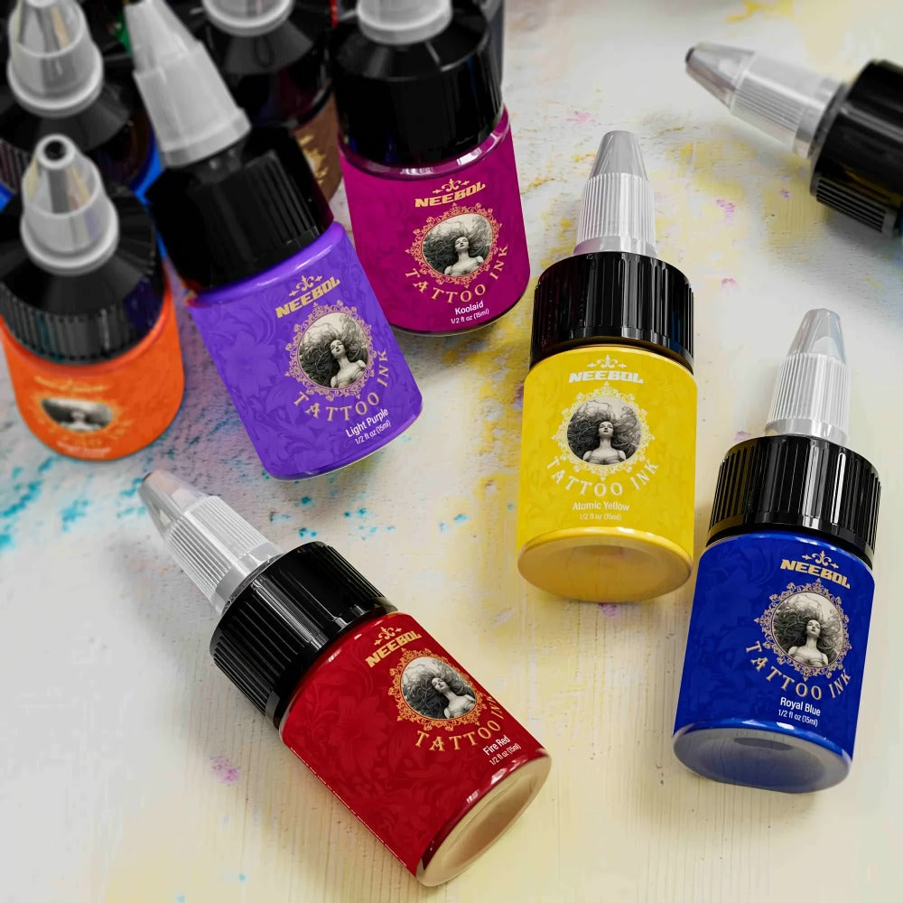 Tattoo Ink 14- or 21-Color Set with 0.5oz 15ml Bottles and Two Source Palette Choices for Color Selection