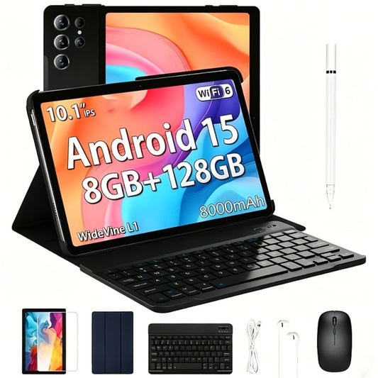 2-in-1 Tablet with Keyboard Android 15, 10.1 Inch 8GB RAM 128GB ROM 8000mAh Battery, 5G WiFi 16MP+5MP Dual Camera FHD IPS Display, Stylus Pen Included, Laptop Tablet PC for Work Study Entertainment – Black Pink Gold Gray Orange
