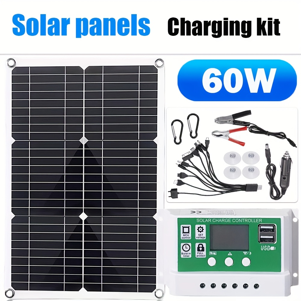 Solar Panel Kit 12V Monocrystalline | Solar Charge Controller, Battery Clips, Extension Cable, USB Ports for Car, Boat, RV, Motorcycle, Camping, Emergency Battery Charging
