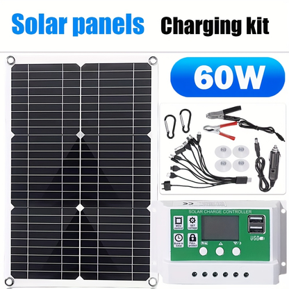 Solar Panel Kit 12V Monocrystalline | Solar Charge Controller, Battery Clips, Extension Cable, USB Ports for Car, Boat, RV, Motorcycle, Camping, Emergency Battery Charging