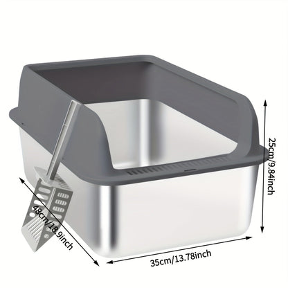 Stainless Steel Cat Litter Box with Removable High-Wall Surround, Front Step and 20cm or 25cm Height Options