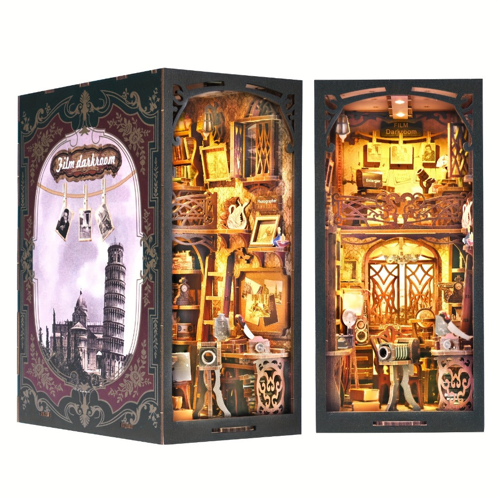 Film Darkroom Book Nook Kit with 405-Piece Vintage Photography Scene and Multiple Warm Lighting Points