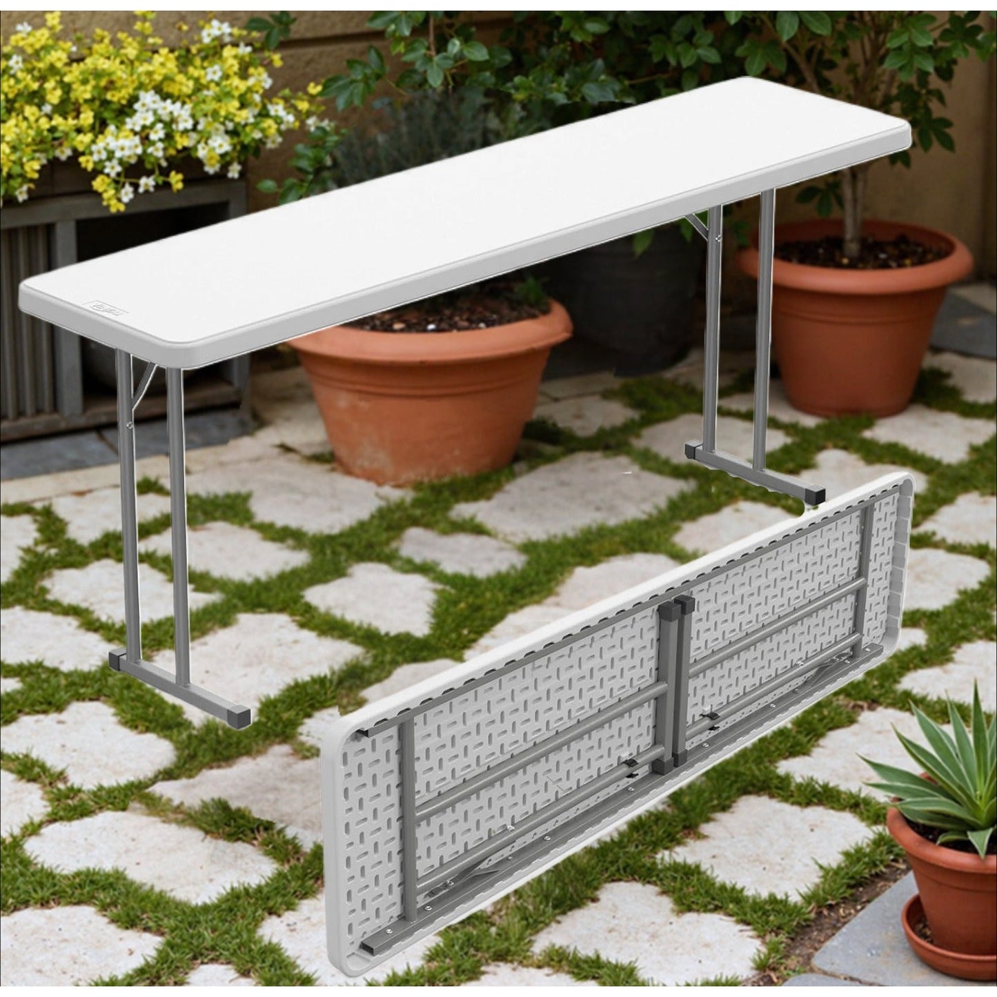 Narrow White 6-Foot Portable Folding Table with Rectangular Top and Folding Gray Leg Frame