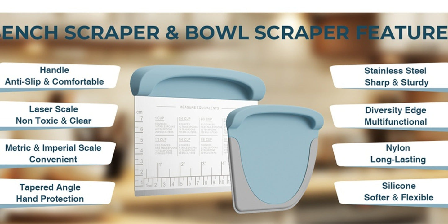 Two-Piece Dough Scraper Set with Metal Bench Cutter, Measurement Guide and Blue or Grey Bowl Scraper