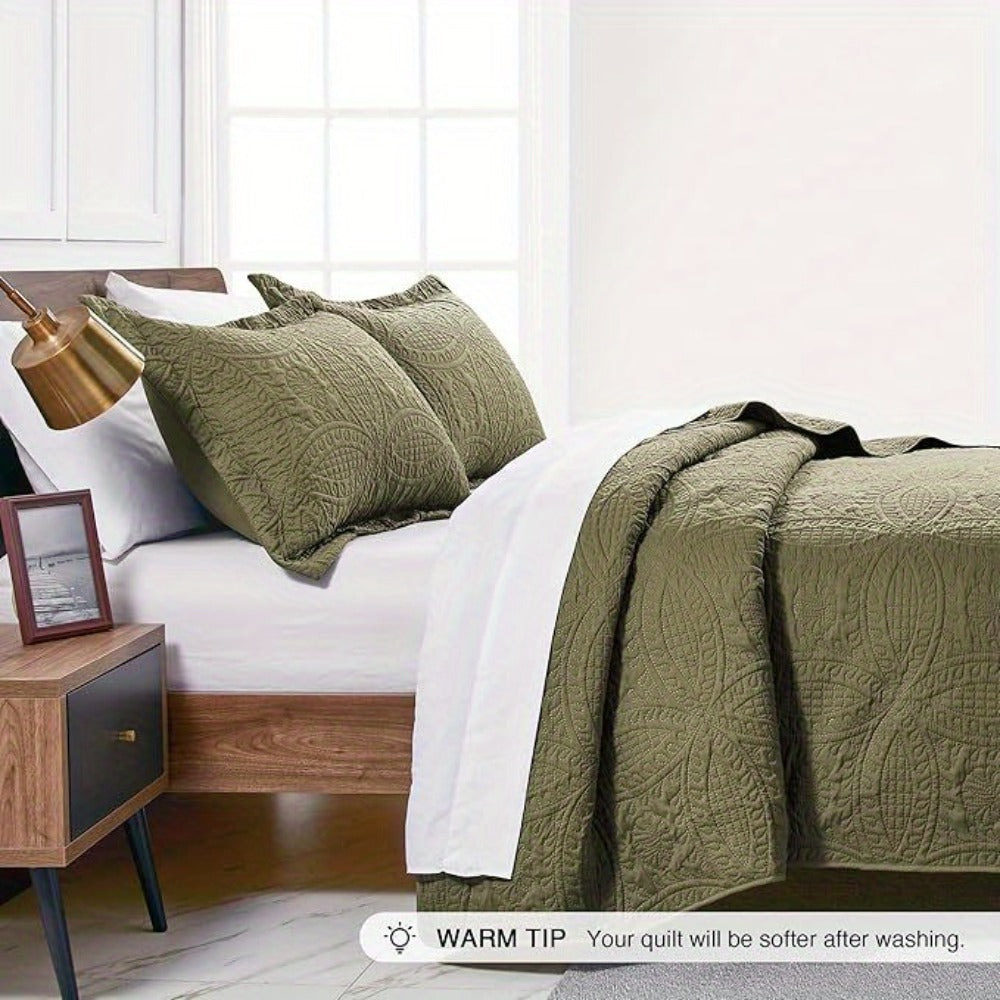 Three-Piece Lightweight Microfiber Quilt Set with Pillow Shams in Ten Size and Color Options