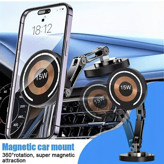 Magnetic Car Phone Mount 15W Wireless Charging – 360° Rotation, Foldable Stand, Super Magnetic Grip, Universal Fit for iPhone 12+ & Android Smartphones, No Battery Required