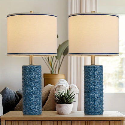 Ceramic Table Lamp – Modern Farmhouse Bedside Lamp with Drum Shade, 3 Color Temperature, Knob Switch, 9W LED Bulb Included, Rustic Nightstand Desk Light for Bedroom Living Room Office Dorm (Multiple Colors)