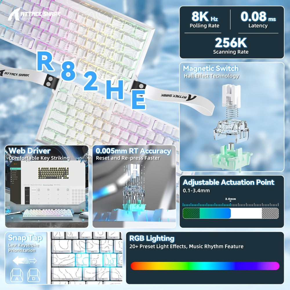 Hall Effect Mechanical Gaming Keyboard Attack Shark R82HE 80%, 0.005mm Rapid Trigger, 8000Hz Polling Rate