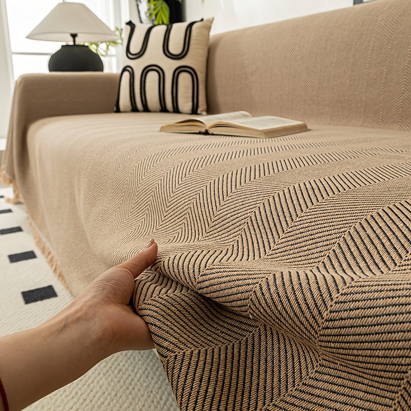 Sofa Cover 71-Inch Herringbone Jacquard Woven Throw with Tassel Fringe in Grey, Coffee, Green or Blue