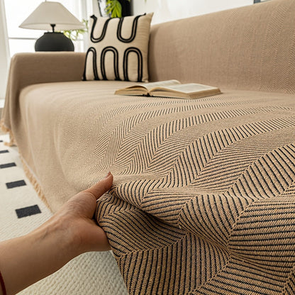 Sofa Cover 71-Inch Herringbone Jacquard Woven Throw with Tassel Fringe in Grey, Coffee, Green or Blue