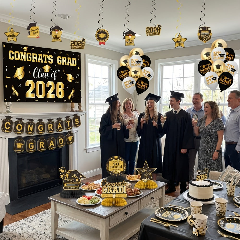 Party Decorations Class of 2026 Graduation Set with Backdrop, Banner, Swirls and Table Pieces in Five Colors