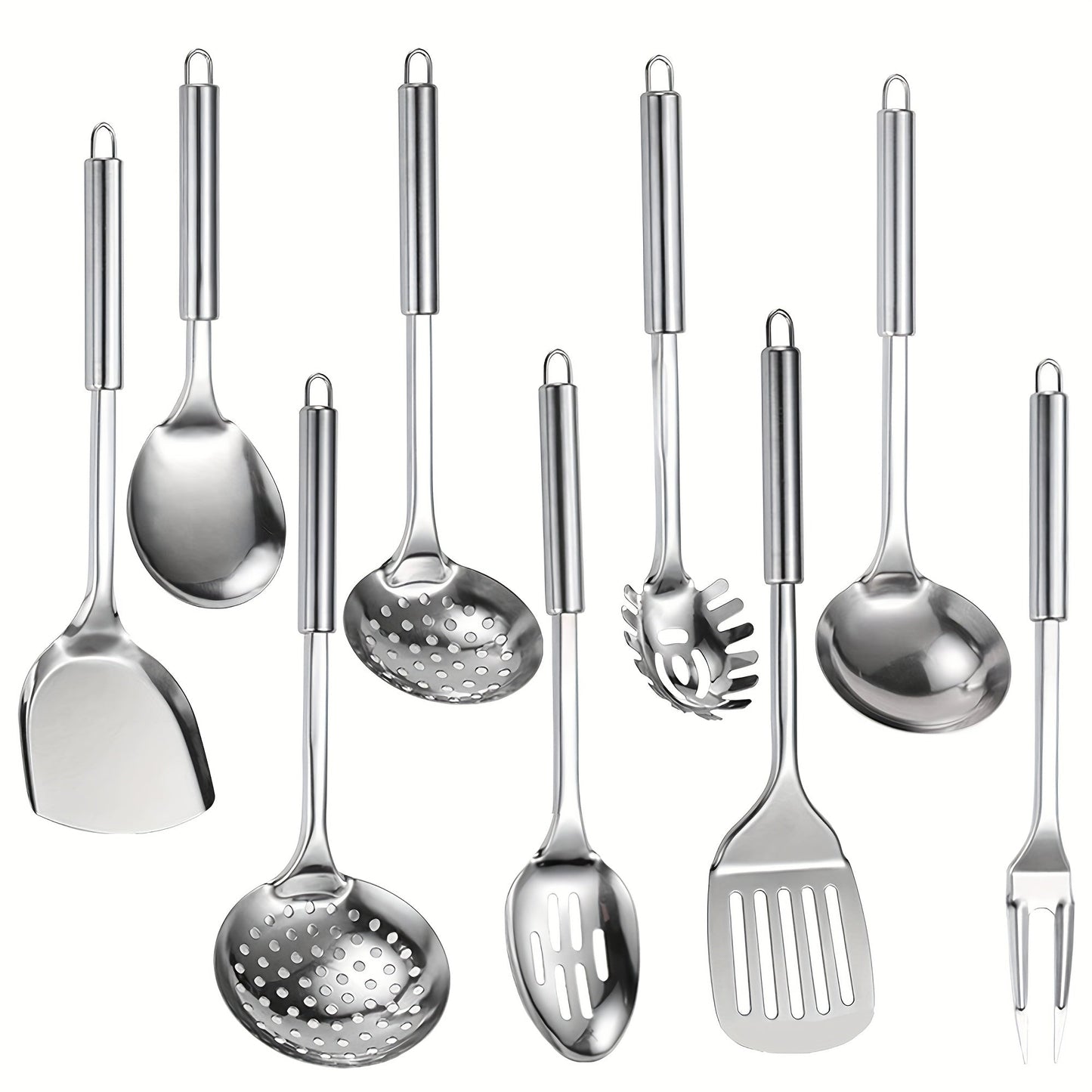 Stainless Steel Cooking Utensil Set 9 Piece for Nonstick Cookware – 304 Grade, Heat Resistant Ergonomic Handles, Dishwasher Safe, Space Saving Kitchen Tools with Hanging Holes for Home & Professional Chefs
