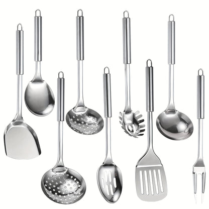 Stainless Steel Cooking Utensil Set 9 Piece for Nonstick Cookware – 304 Grade, Heat Resistant Ergonomic Handles, Dishwasher Safe, Space Saving Kitchen Tools with Hanging Holes for Home & Professional Chefs