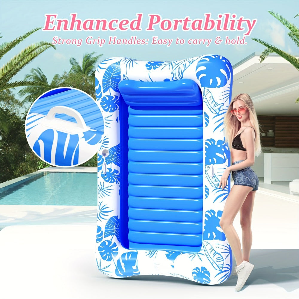 Blue-and-White Inflatable Pool Mattress with Removable Headrest, Cup Holder and 83.5 x 52.4-Inch Base