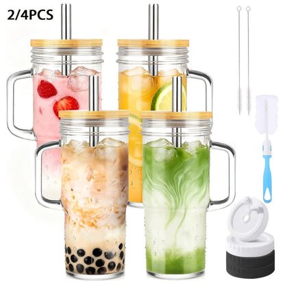 Handled Glass Tumbler Drinkware Set, 24oz Mason-Style Cups with Bamboo Lids, Straws and Brushes in 2 or 4 Pieces