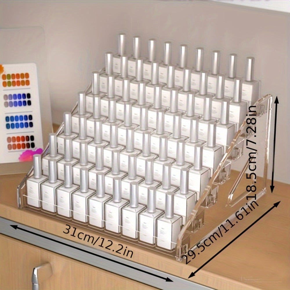 Four-Tier Transparent Nail Polish Organizer with Stepped Rows, Side Panels and Countertop Display Design