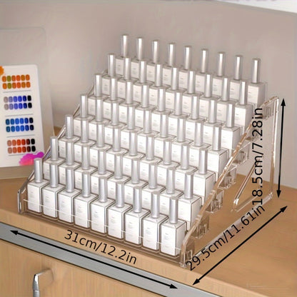 Four-Tier Transparent Nail Polish Organizer with Stepped Rows, Side Panels and Countertop Display Design