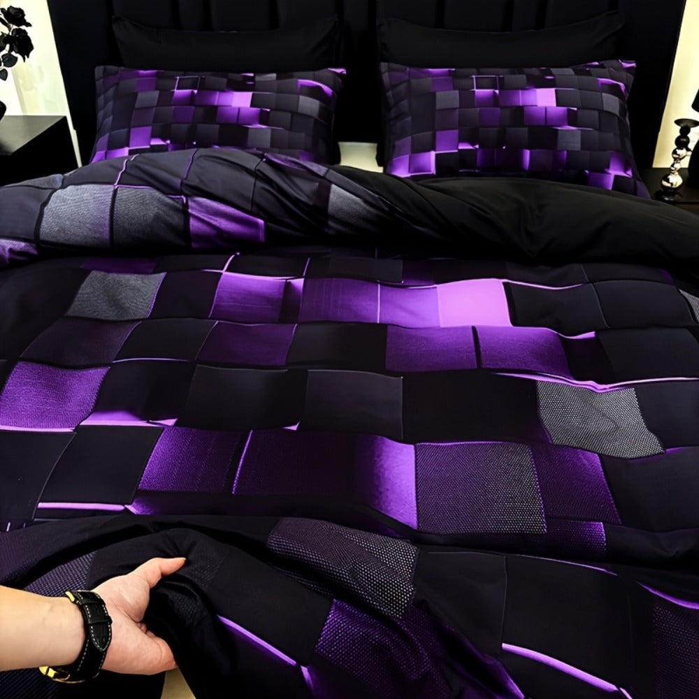 Three-Piece Plaid Duvet Cover Set with Two Pillowcases in Five Colors and Four Bed Sizes for Home and Everyday Use