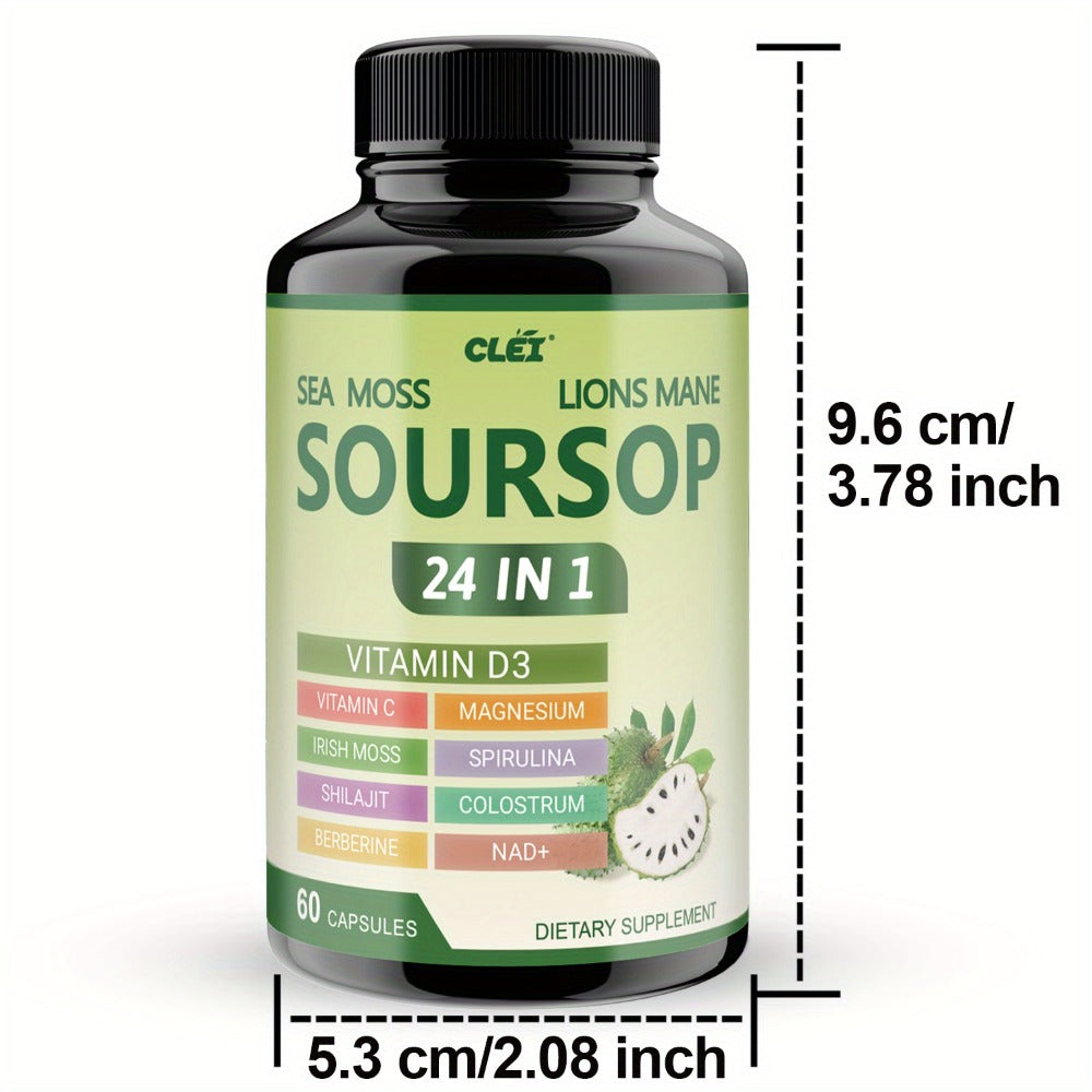 Herbal Supplement with CLEI Label, Soursop Graviola 24-in-1 Capsules, 60 Count, One or Two Bottles