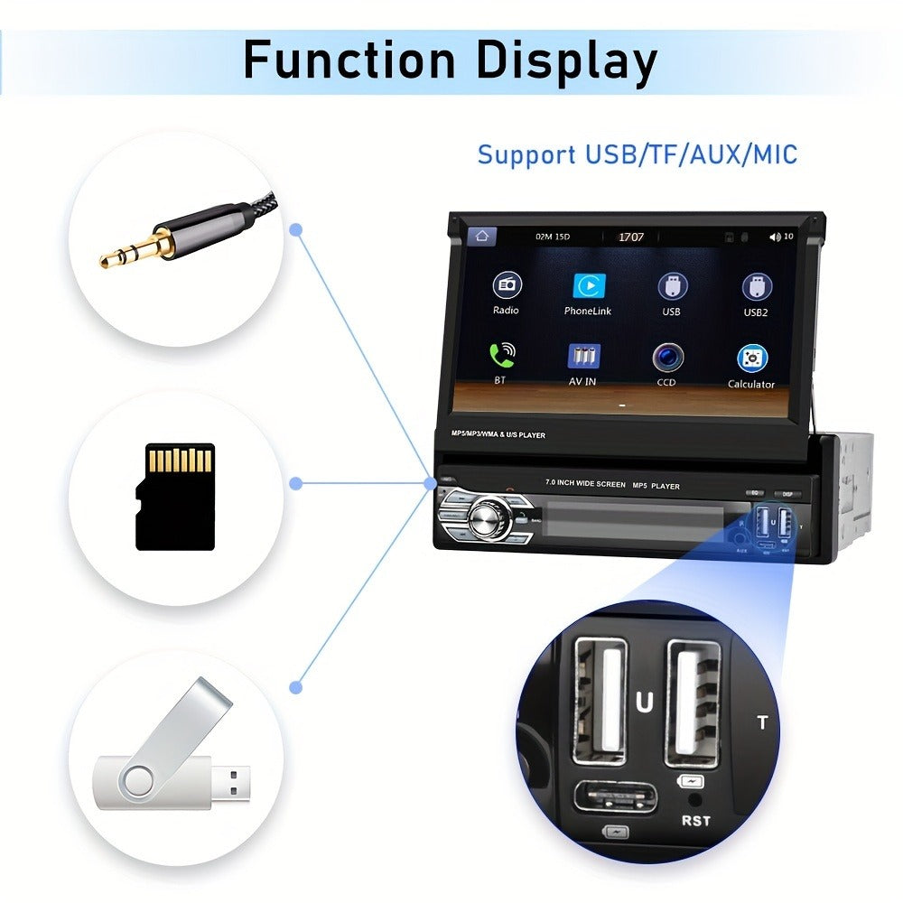 Single Din Car Stereo 7 Inch Flip Out Touchscreen - Wireless CarPlay & Android Auto, 1080P HD, FM Radio, SWC, Voice Control, USB/Type-C/AUX, Backup Camera Compatible