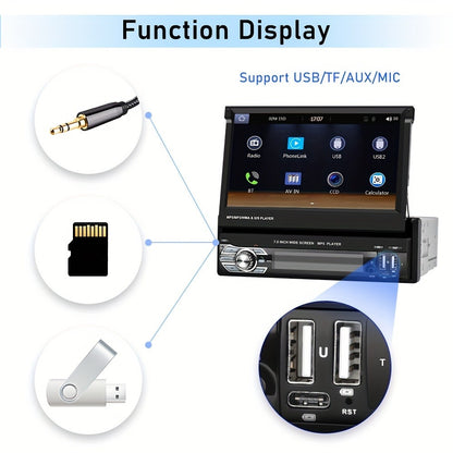 Single Din Car Stereo 7 Inch Flip Out Touchscreen - Wireless CarPlay & Android Auto, 1080P HD, FM Radio, SWC, Voice Control, USB/Type-C/AUX, Backup Camera Compatible