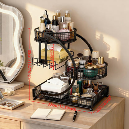 Three-Tier Metal Makeup Organizer with Round Baskets, Tissue Holder and White Iron Frame Design