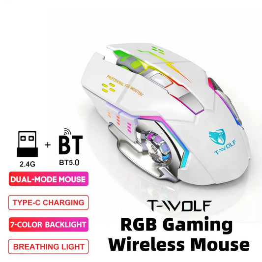 Ergonomic Silent Wireless Mouse T-WOLF Rechargeable Dual-Mode BT5.0 & 2.4G – Full-Size RGB Comfort Mouse for Work Study Gaming, Aesthetic Desk Setup, Back to School Gift for PC Laptop Mac