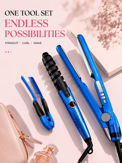 Flat Iron, Curling Iron and Comb Hair Styling Tool Set with Three Pieces in Blue for Home Styling