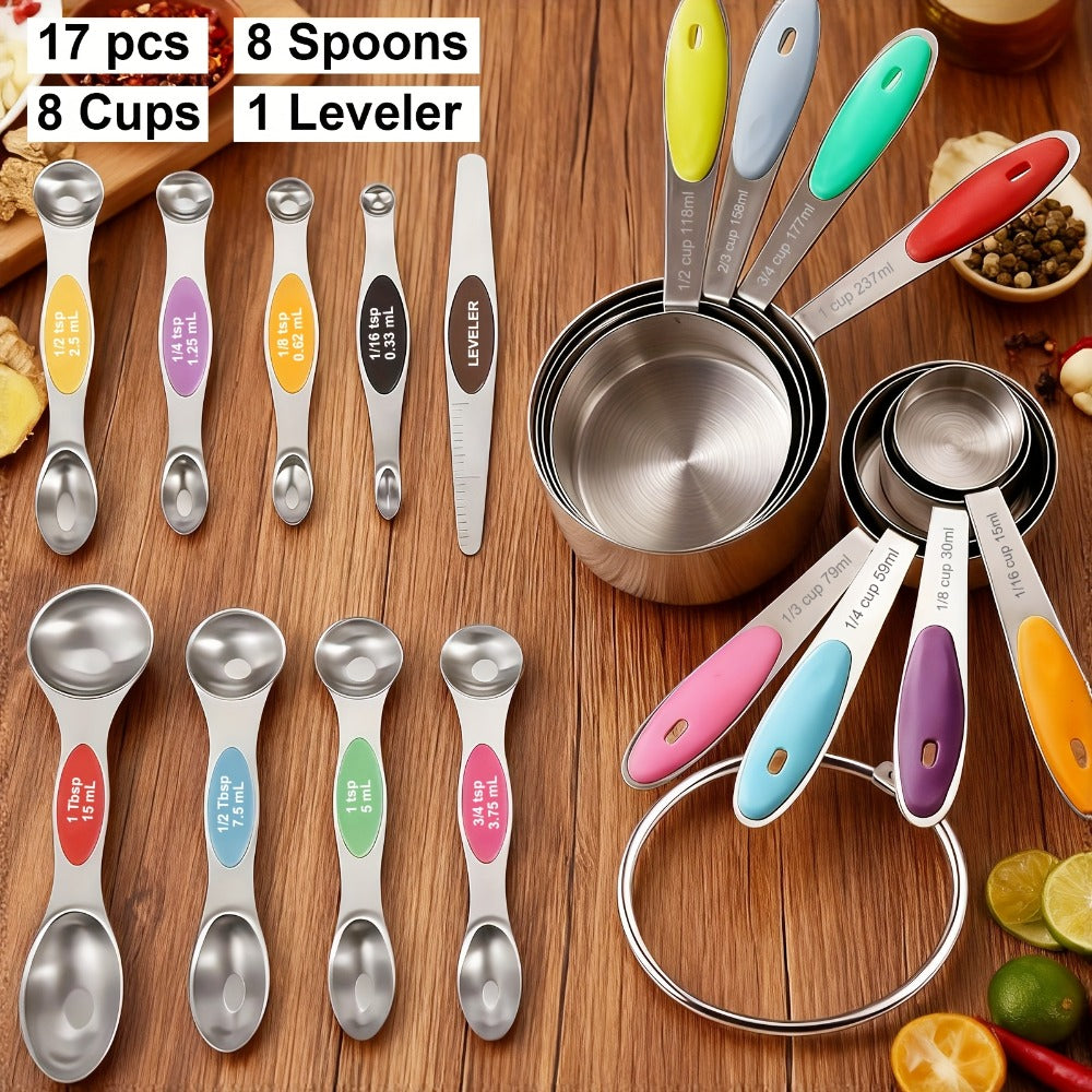 Seventeen-Piece Stainless Steel Measuring Cup and Spoon Set with Eight Cups, Eight Spoons and Leveler