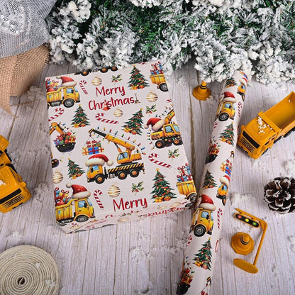 Construction Vehicle Christmas Wrapping Paper Roll with Dump Trucks, Excavators and Tractors