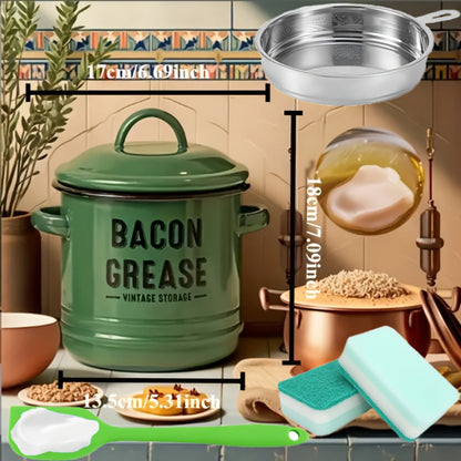 Bacon Grease Container with Lid, Large Grease Storage Can with Heat-Resistant Filter, Silicone Spatula & Cleaning Sponge Set